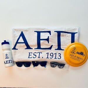 AEPI white and blue towel AEPI BBYO water bottle and frisbee 3 pair sunglasses